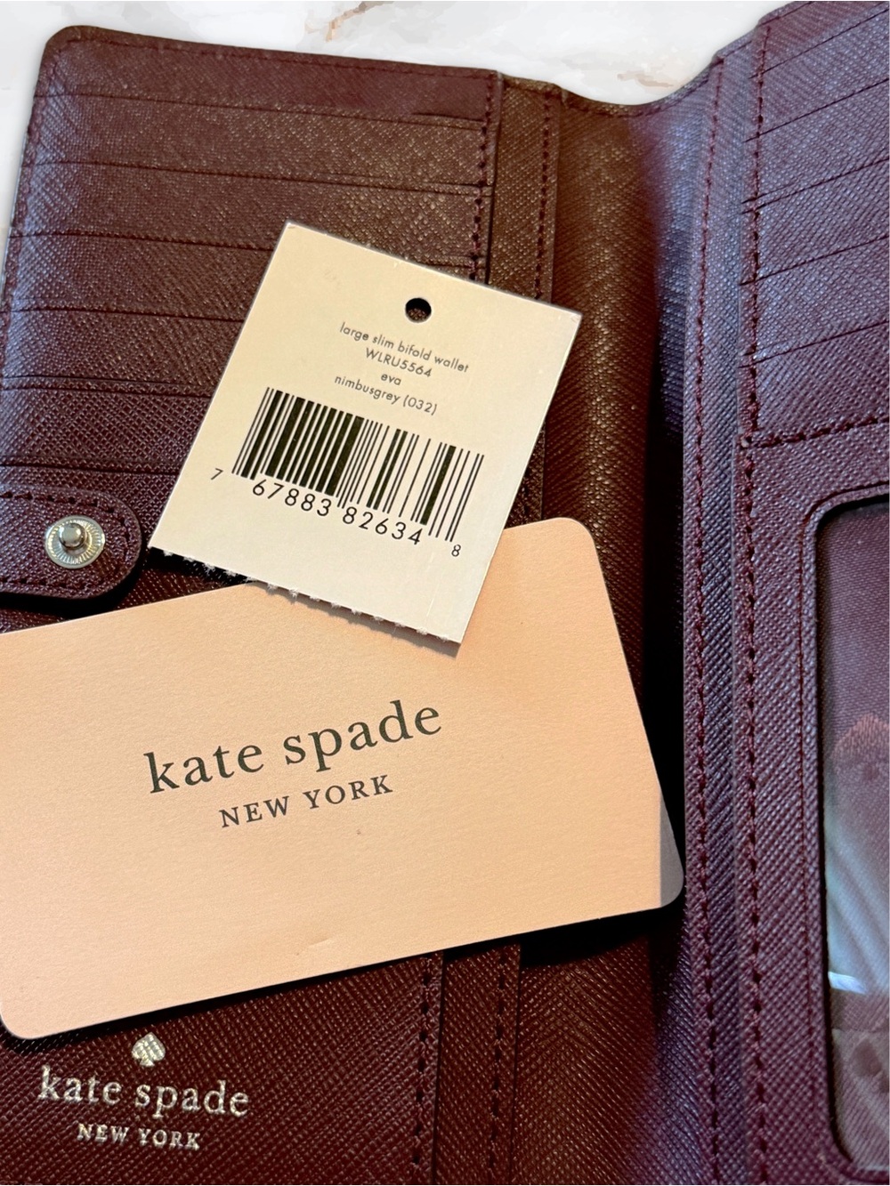 Kate Spade Grey Pebbled Large Slim Wallet with Burgundy Interor EUC with Tags - Picture 11 of 16